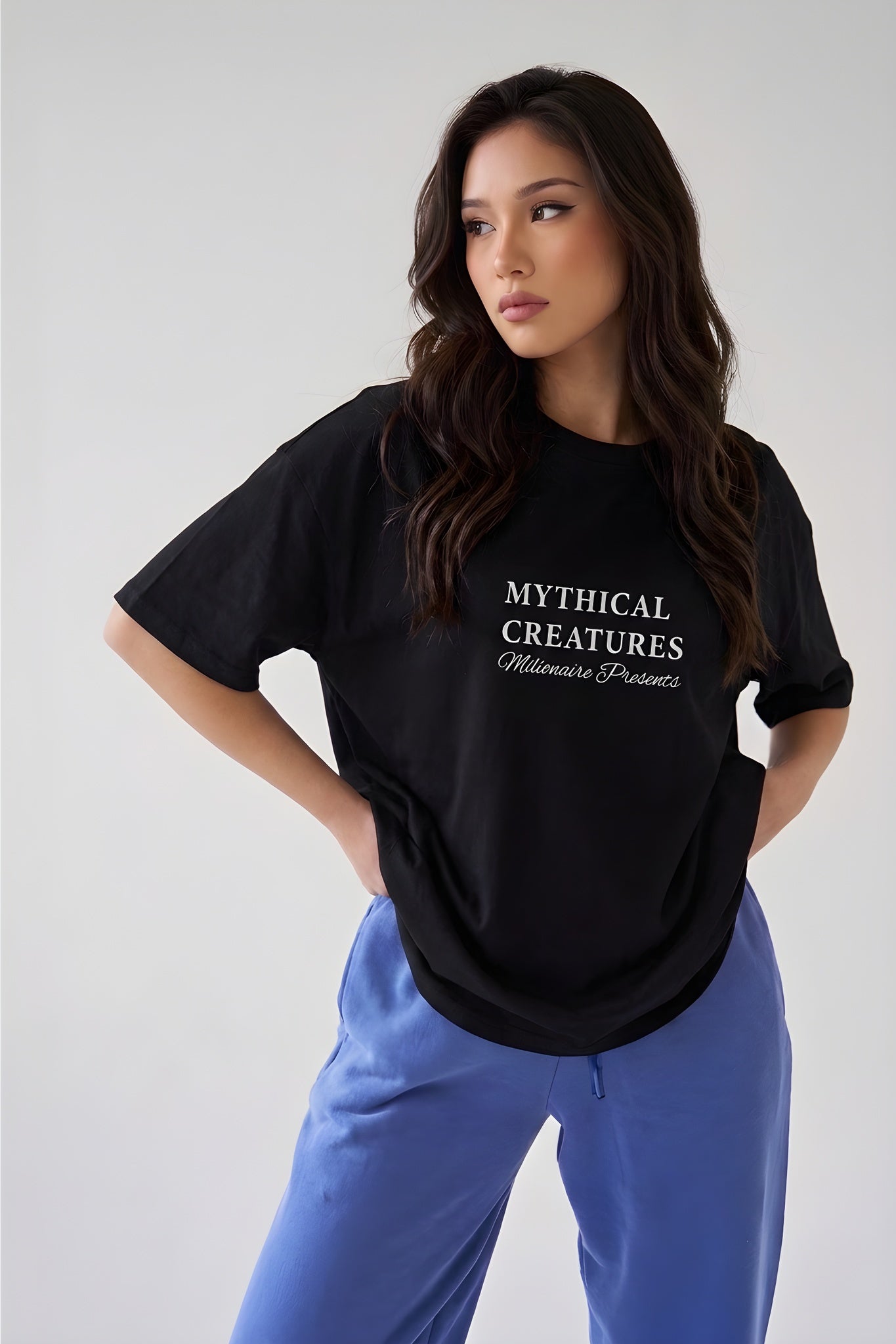 Kadın Mythical Pegasus Baskılı Siyah Bisiklet Yaka Oversize Salaş T-Shirt