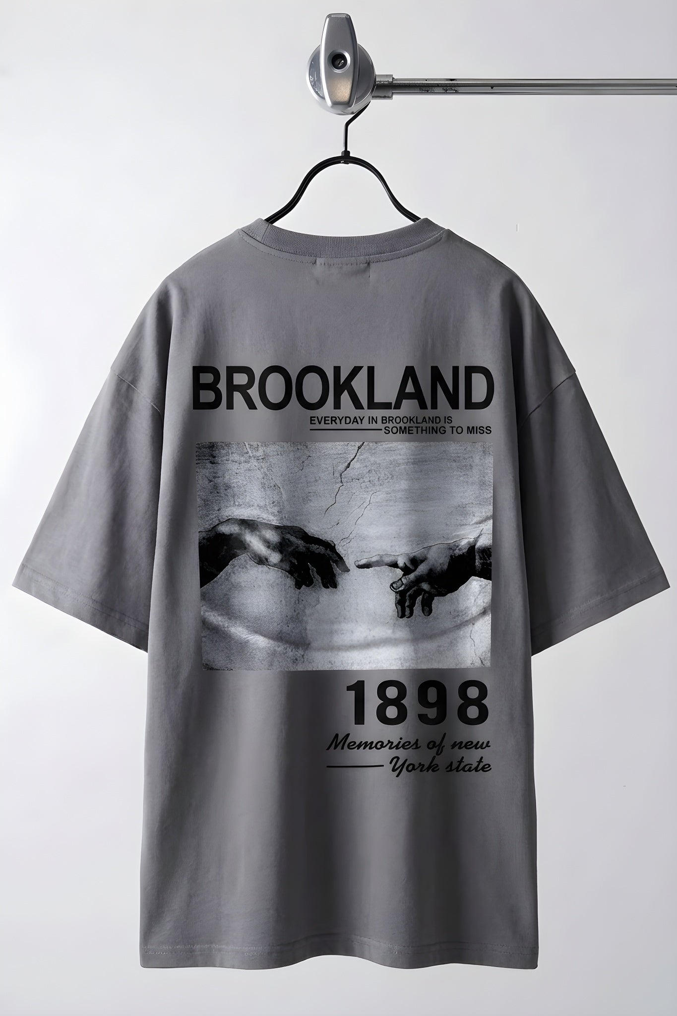 Erkek Gri 1898 Brookland Baskılı Oversize Salas T-Shirt