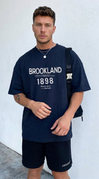 Erkek 1898 Baskılı Lacivert Oversize Salas T-shirt