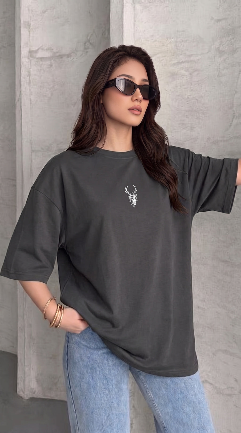 Kadın Füme Geyik Oversize Salas Boyfriend T-shirt