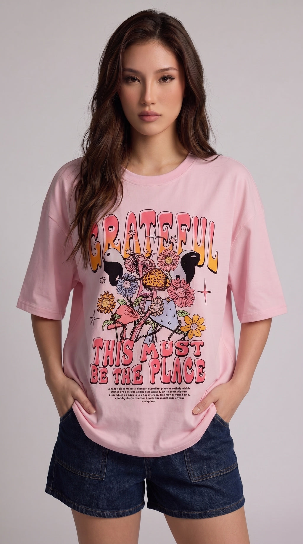 Kadın Pembe Greatful Oversize T-Shirt - K2189
