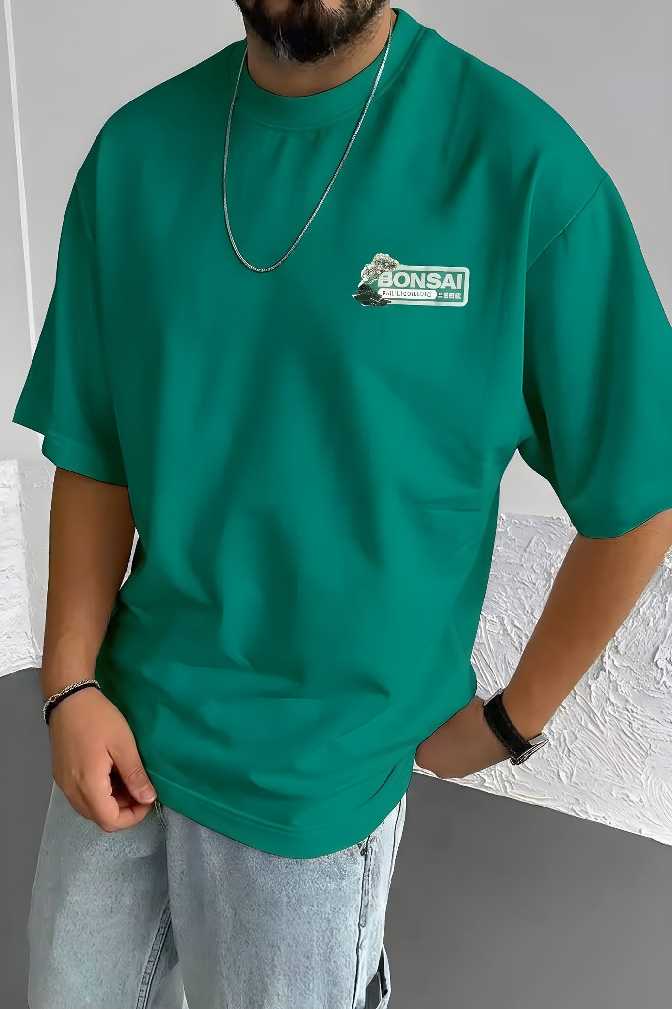 Erkek Bntn Yeşil Bonsai Oversize Fit Bol Geniş Kalıp Salaş Kesim T-shirt