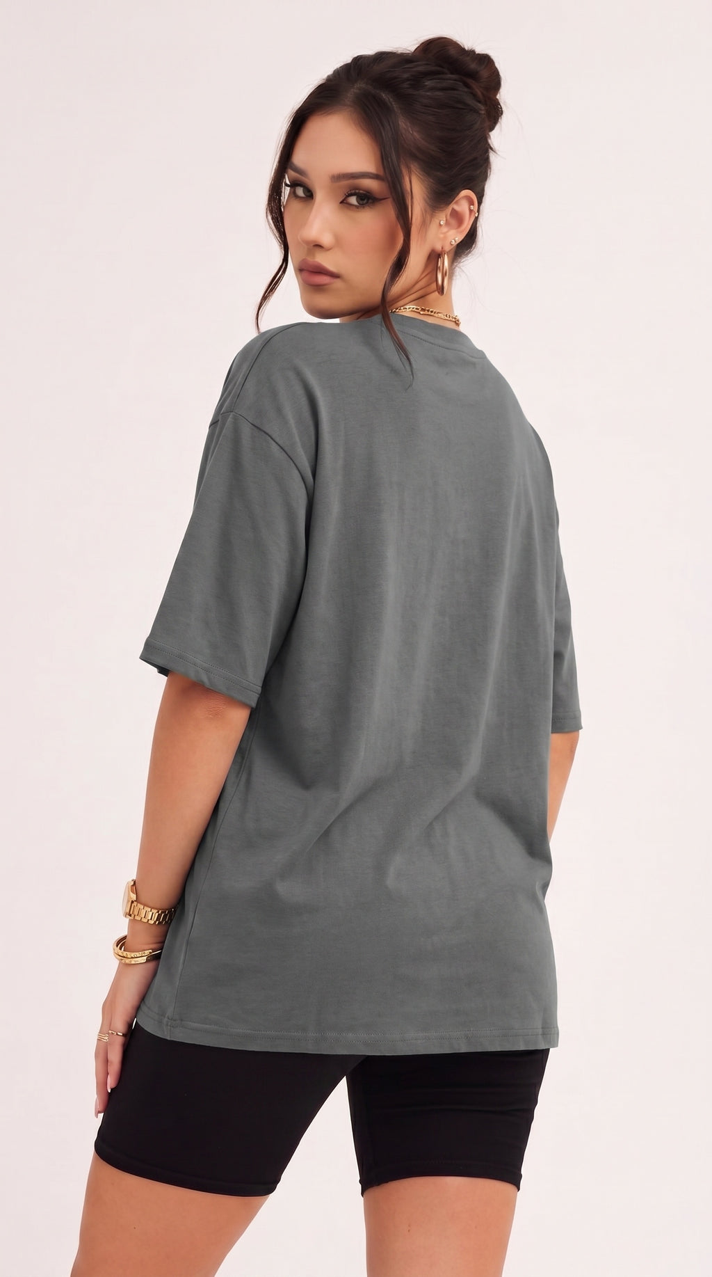 Kadın Gri Basic Düz Baskısız Oversize Salas T-shirt