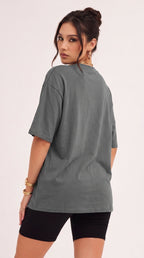 Kadın Gri Basic Düz Baskısız Oversize Salas T-shirt