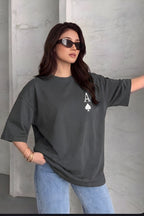Kadın Maça As Baskılı Füme Oversize T-Shirt