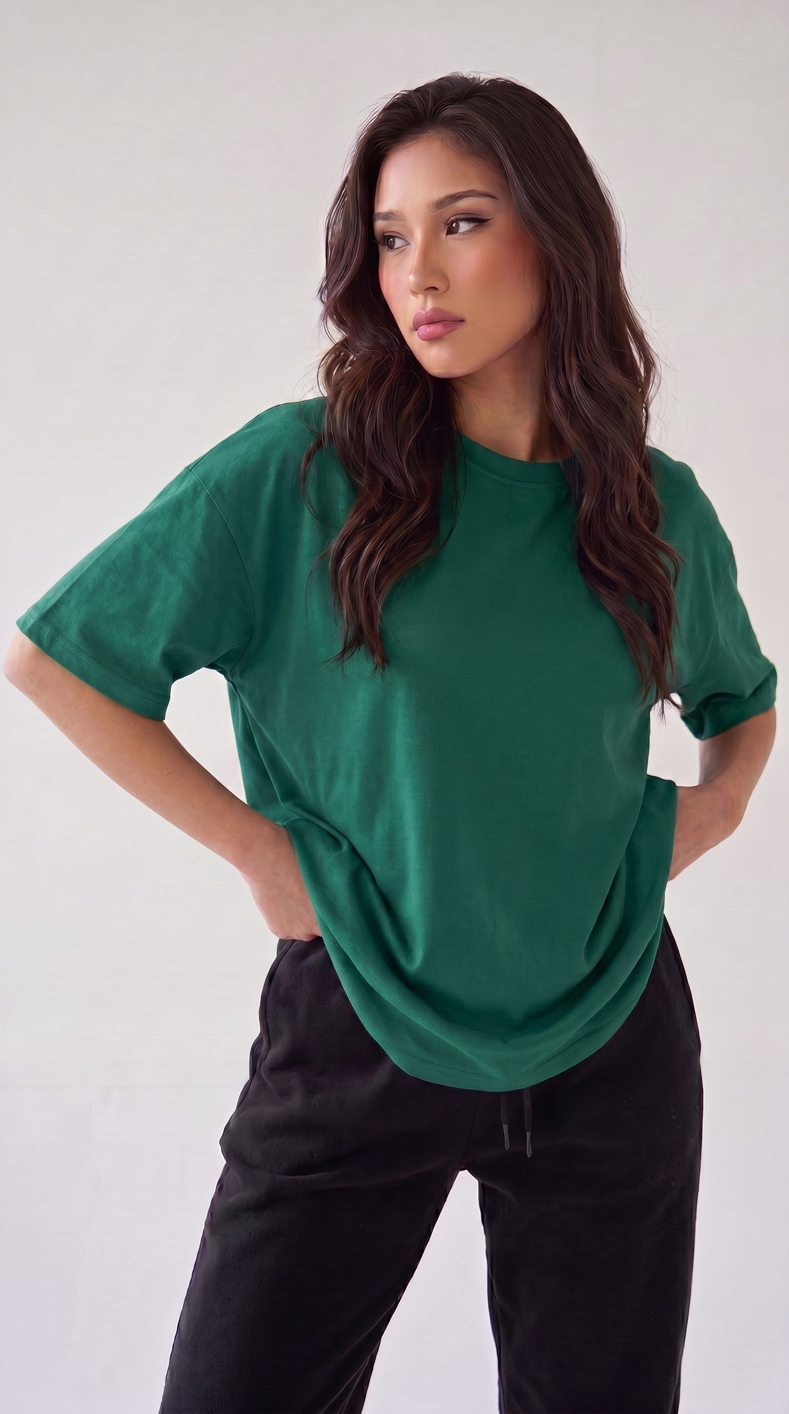 Kadın Zümrüt Yeşili Basic Düz Baskısız Oversize Salas T-shirt