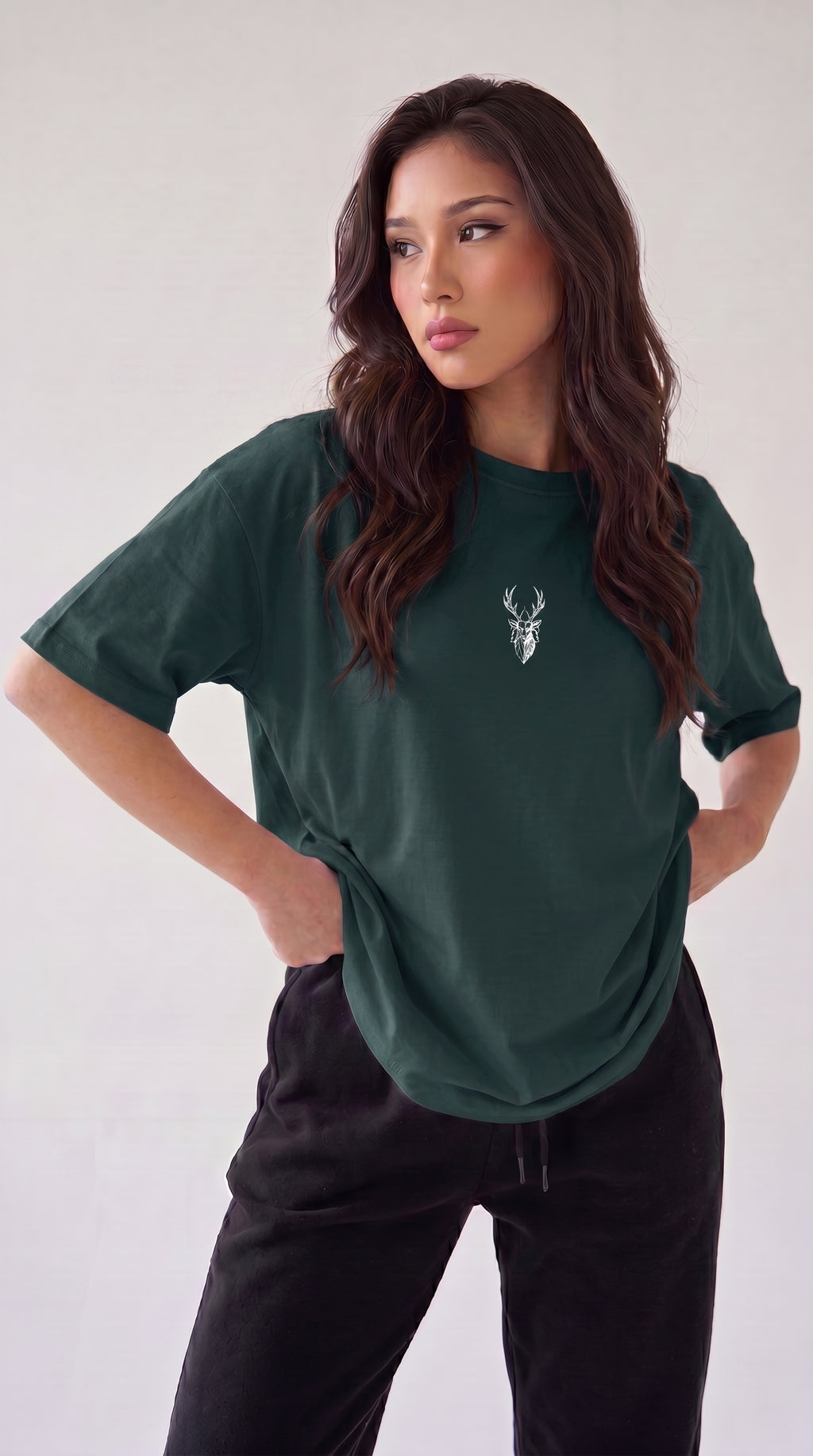 Kadın Koyu Petrol Yeşil Geyik Oversize Salas Boyfriend T-shirt