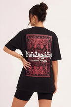 Kadın Dimension Baskılı Siyah Bisiklet Yaka Oversize Salaş T-Shirt