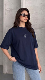 Kadın Lacivert Geyik Oversize Salas Boyfriend T-shirt