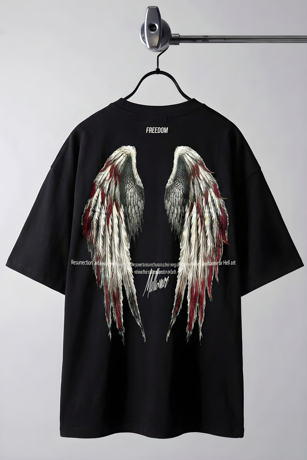 Erkek Freedom Kanat Baskılı Siyah Oversize Salaş T-Shirt
