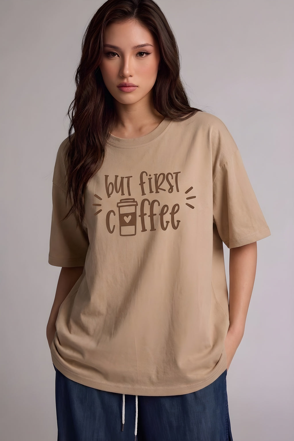 But First Coffee Camel Oversize Salas Boyfriend Kadın T-Shirt