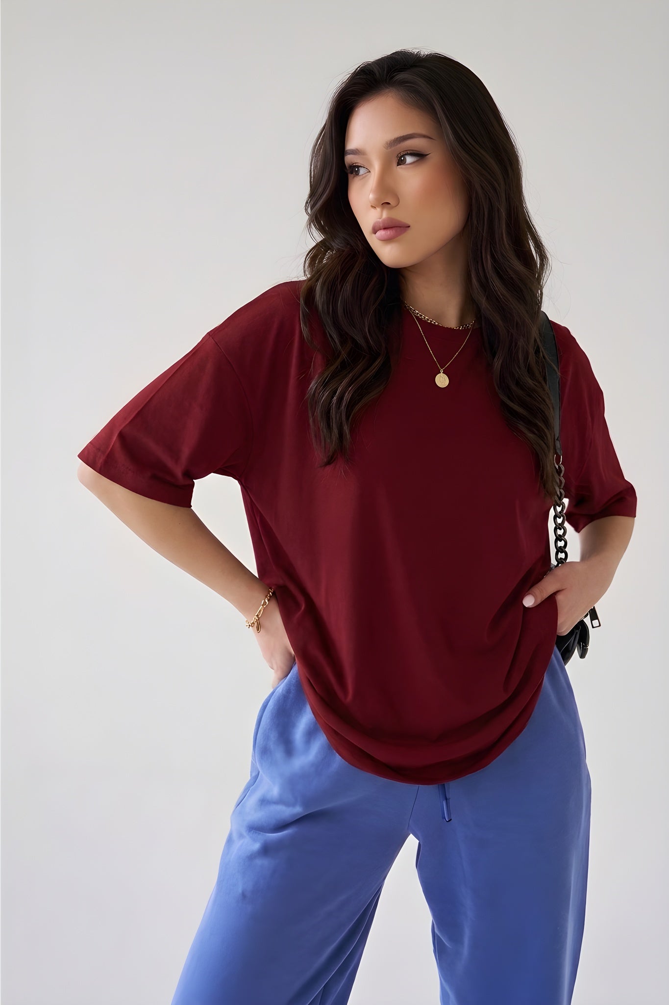 Kadın Bordo Basic Düz Baskısız Oversize Salas T-Shirt