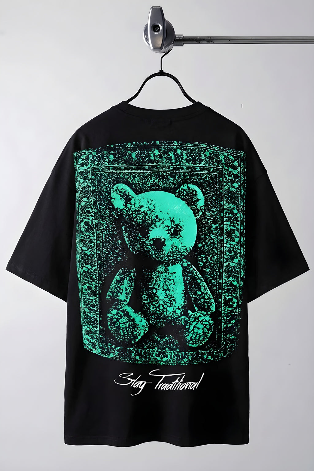 Erkek Siyah Traditional Ayıcık Teddy Bear Oversize Fit Bol Geniş Kalıp Salaş Kesim T-Shirt