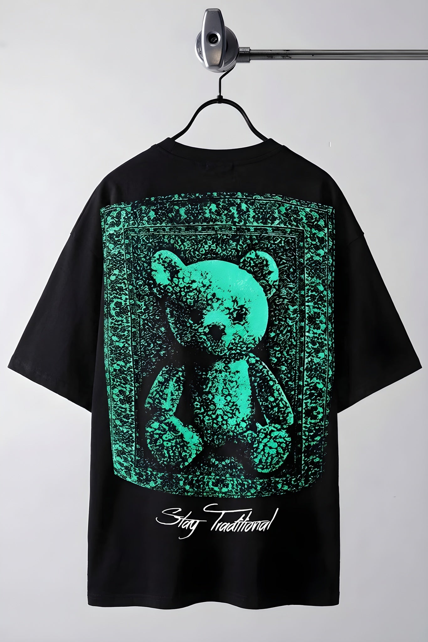 Erkek Siyah Traditional Ayıcık Teddy Bear Oversize Fit Bol Geniş Kalıp Salaş Kesim T-Shirt
