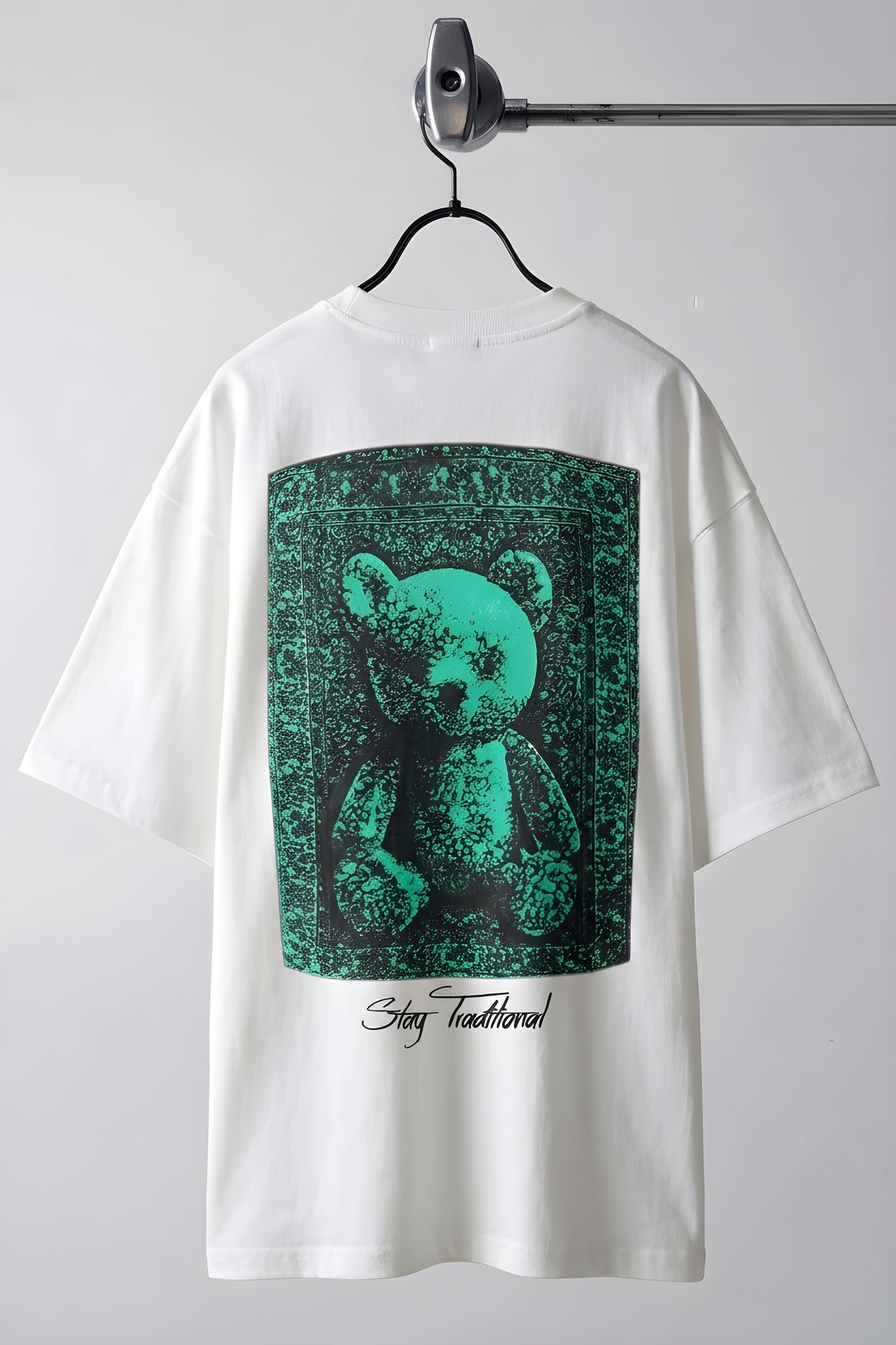Erkek Ekru Beyaz Traditional Ayıcık Teddy Bear Oversize Fit Bol Geniş Kalıp Salaş Kesim T-shirt