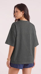 Kadın Antrasit Melanj Geyik Oversize Salas Boyfriend T-shirt