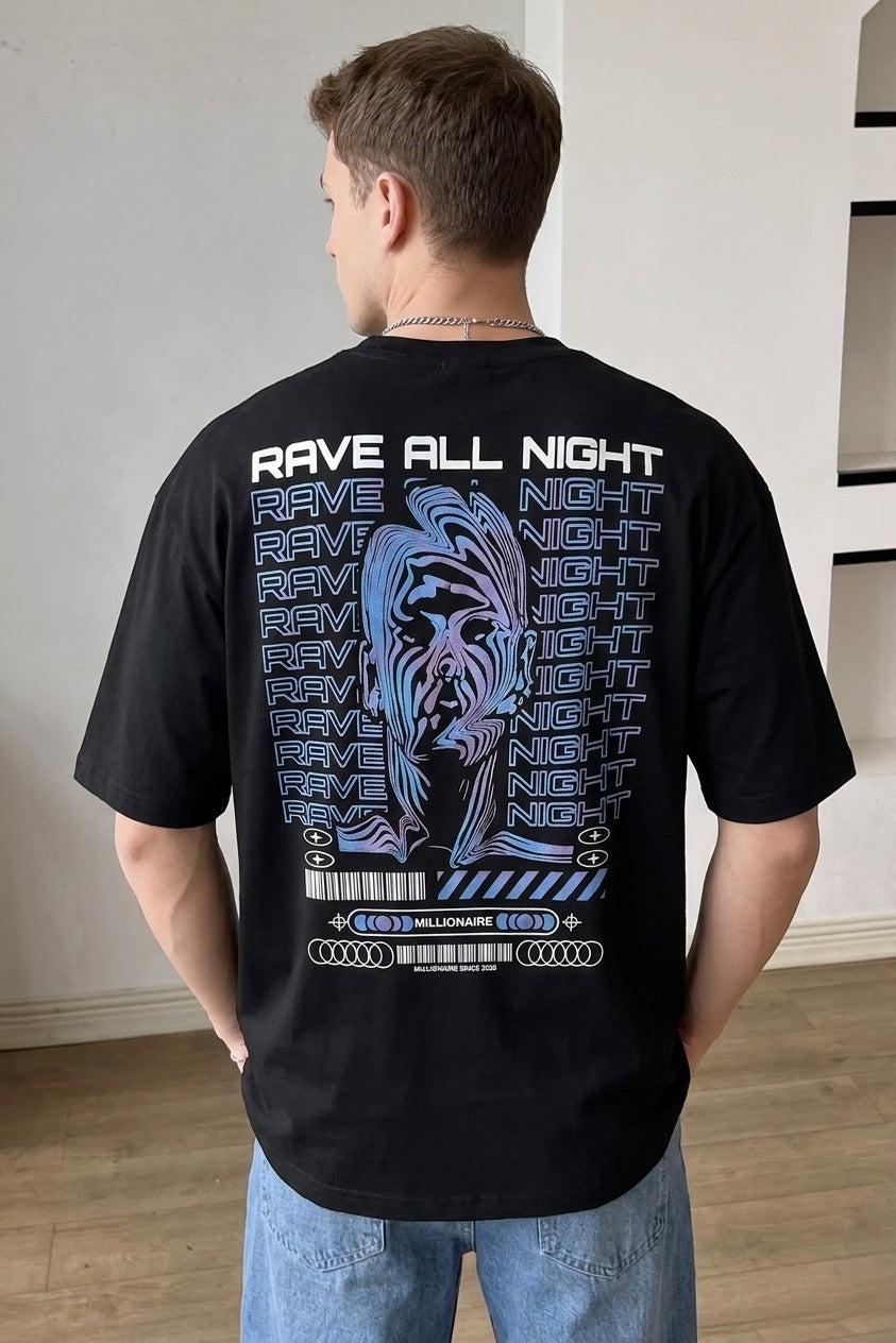 Erkek Siyah Rave All Night Oversize Fit Bol Geniş Kalıp Salaş Kesim T-shirt