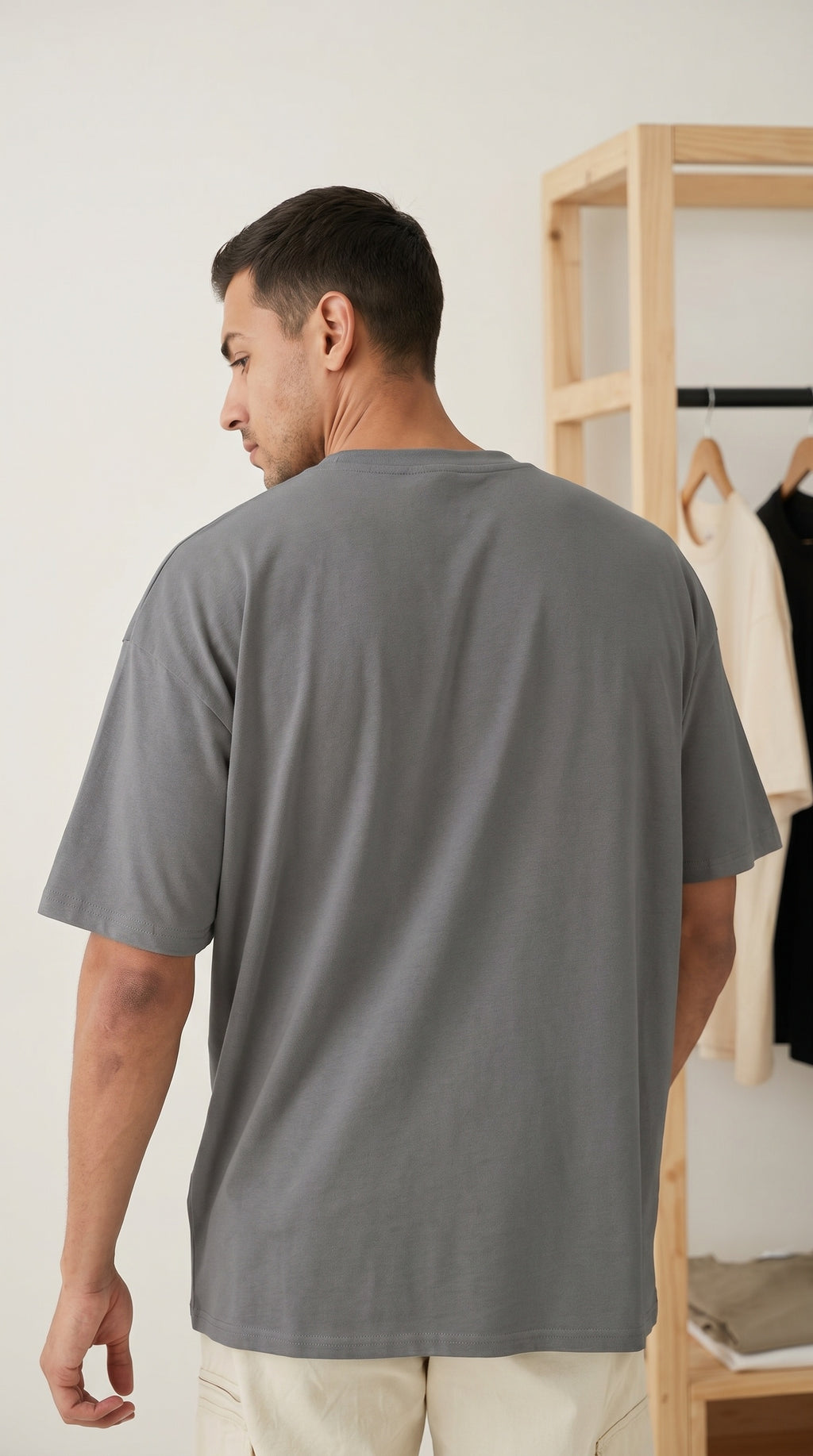 Erkek Gri Free Life Bisiklet Yaka Oversize Salas T-Shirt