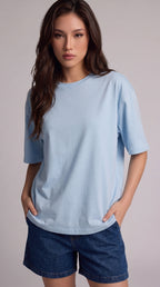 Kadın Açık Mavi Basic Düz Baskısız Oversize Salas T-shirt