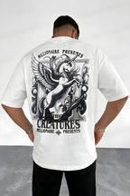 Erkek Ekru Beyaz Creatures Oversize Fit Bol Geniş Kalıp Salaş Kesim T-shirt