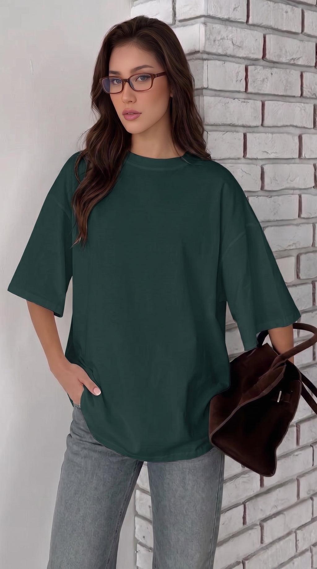 Kadın Koyu Petrol Yeşili Basic Düz Baskısız Oversize Salas T-shirt