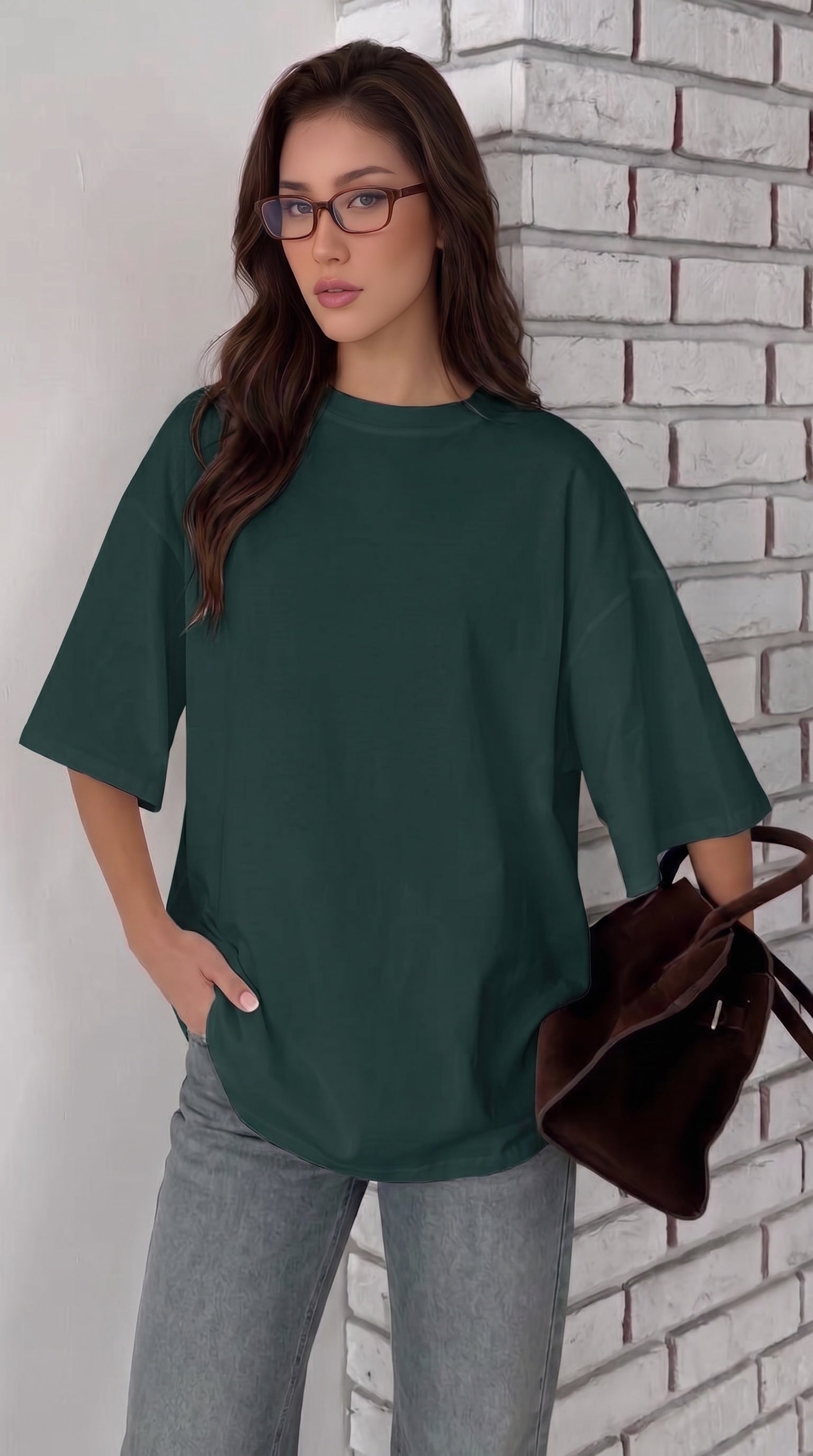 Kadın Koyu Petrol Yeşili Basic Düz Baskısız Oversize Salas T-shirt