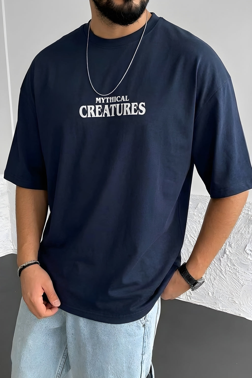 Erkek Lacivert Creatures Oversize Fit Bol Geniş Kalıp Salaş Kesim T-shirt