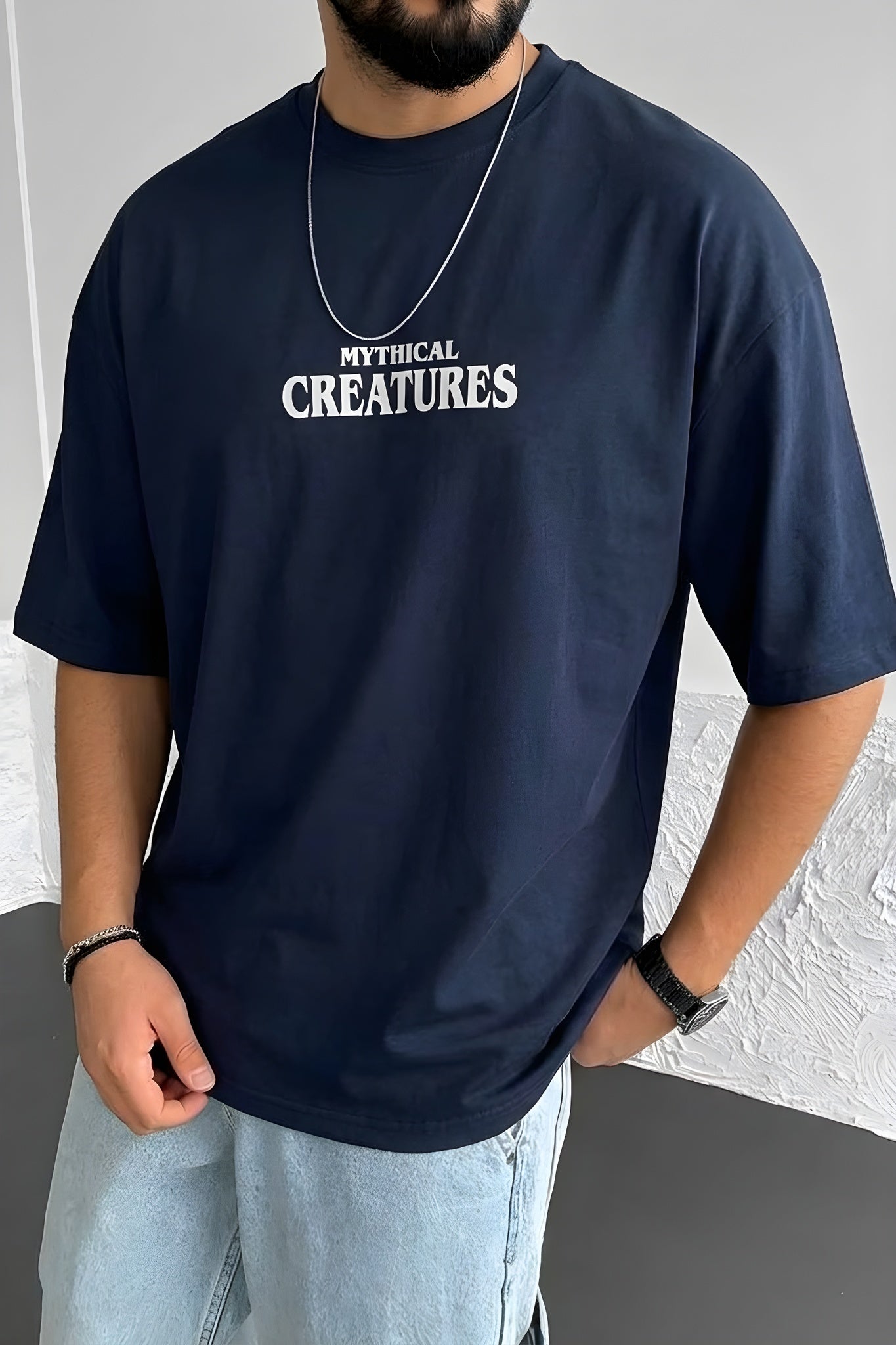 Erkek Lacivert Creatures Oversize Fit Bol Geniş Kalıp Salaş Kesim T-shirt