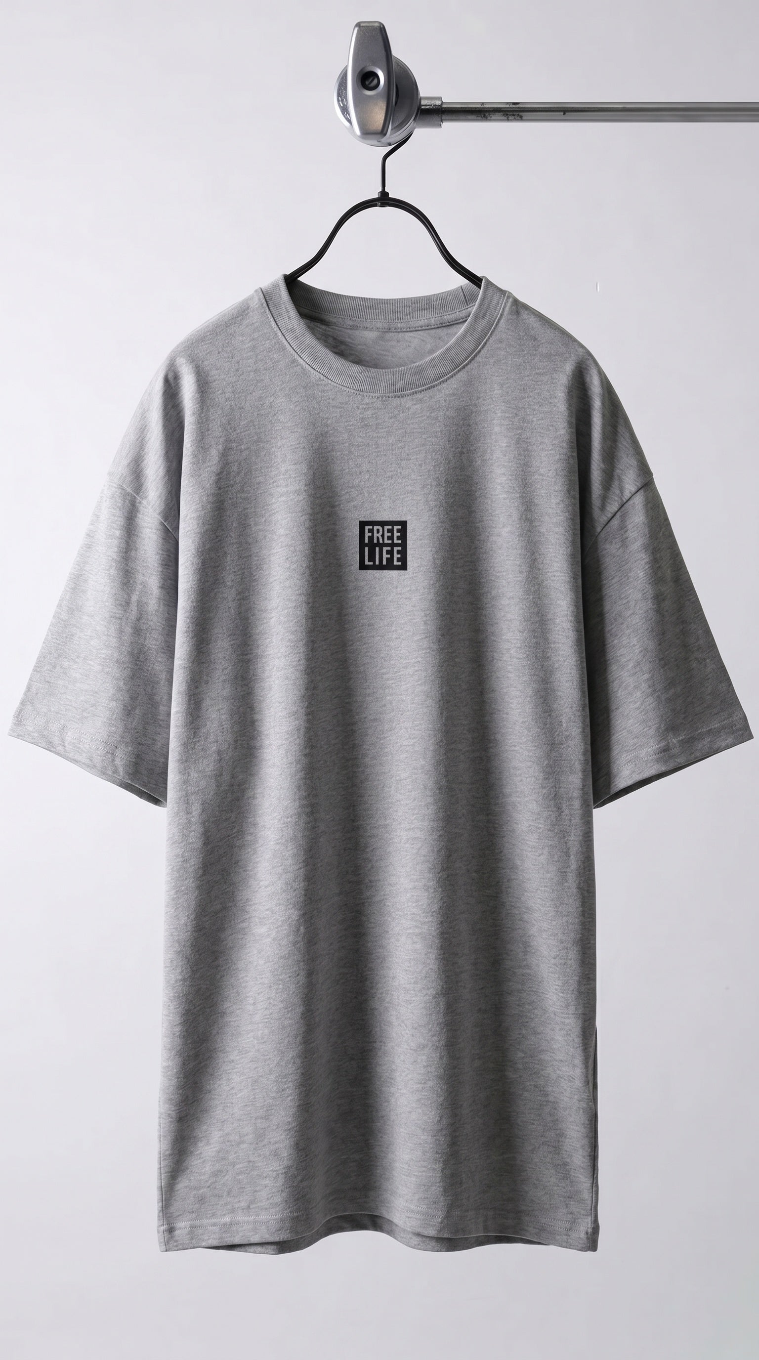 Erkek Melanj Gri Free Life Bisiklet Yaka Oversize Salas T-Shirt