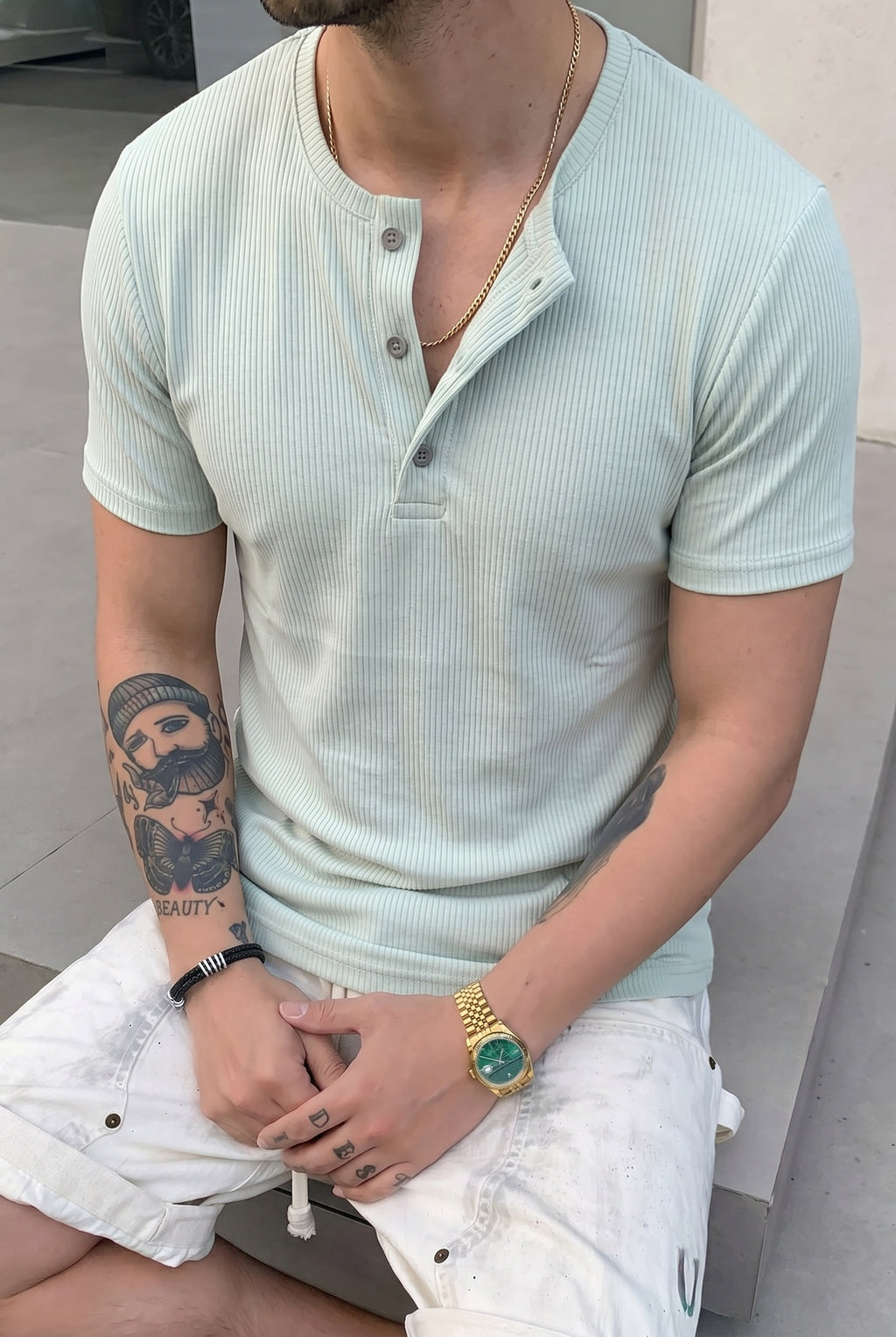 Erkek Mint Henley Yaka Tişört Üç Düğmeli Patlı Fitilli Regular T-shirt