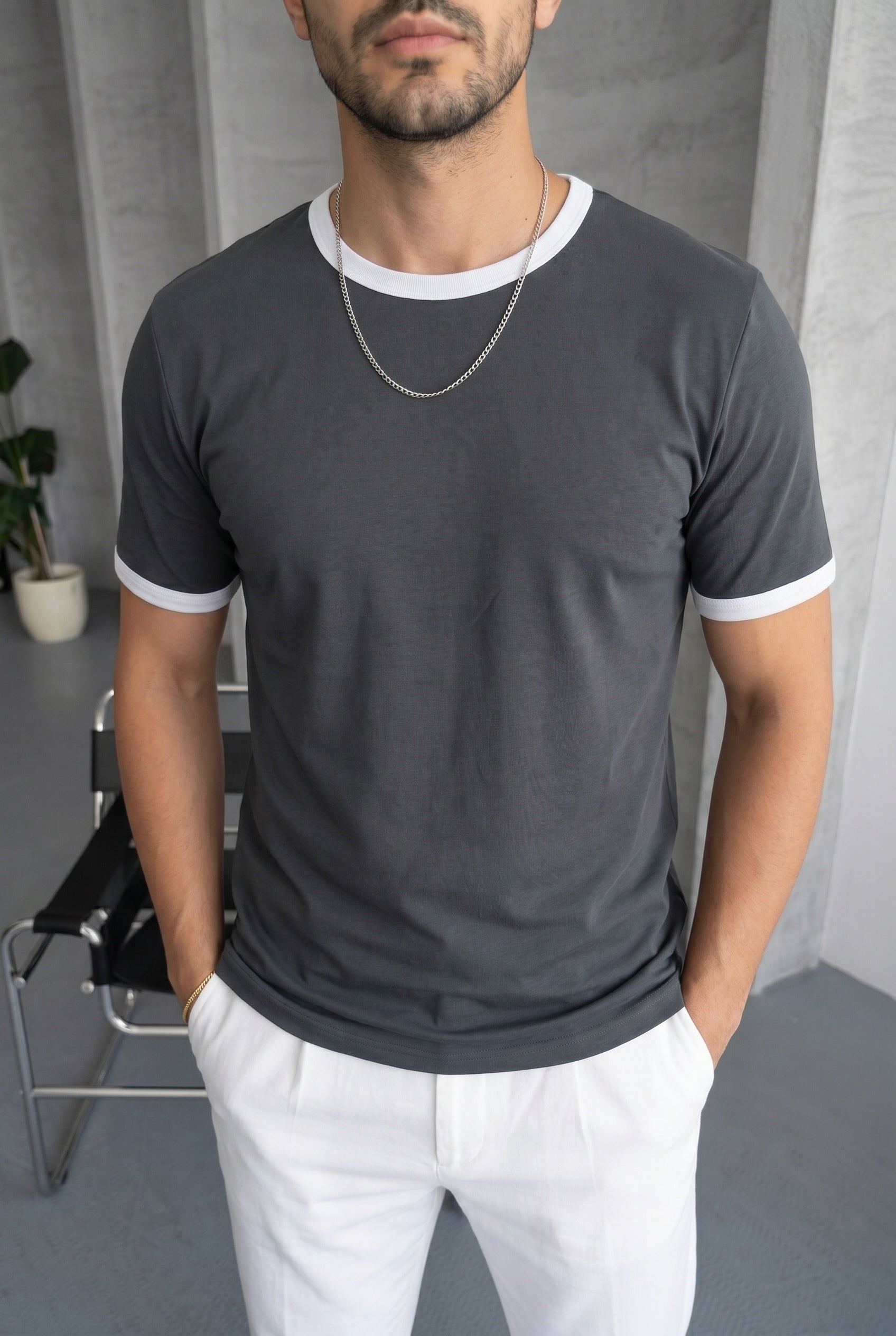 Erkek Gri Renkli Tişört Bisiklet Yaka Kol Garnili Regular T-shirt
