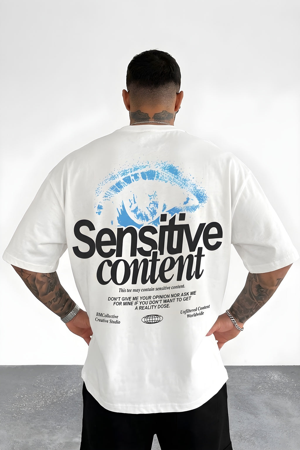 Erkek Ekru Beyaz Göz Baskılı Sensitive Oversize Fit Bol Geniş Kalıp Salaş Kesim T-shirt
