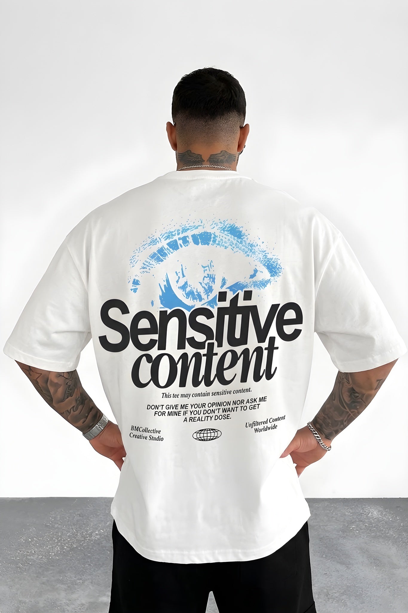 Erkek Ekru Beyaz Göz Baskılı Sensitive Oversize Fit Bol Geniş Kalıp Salaş Kesim T-shirt