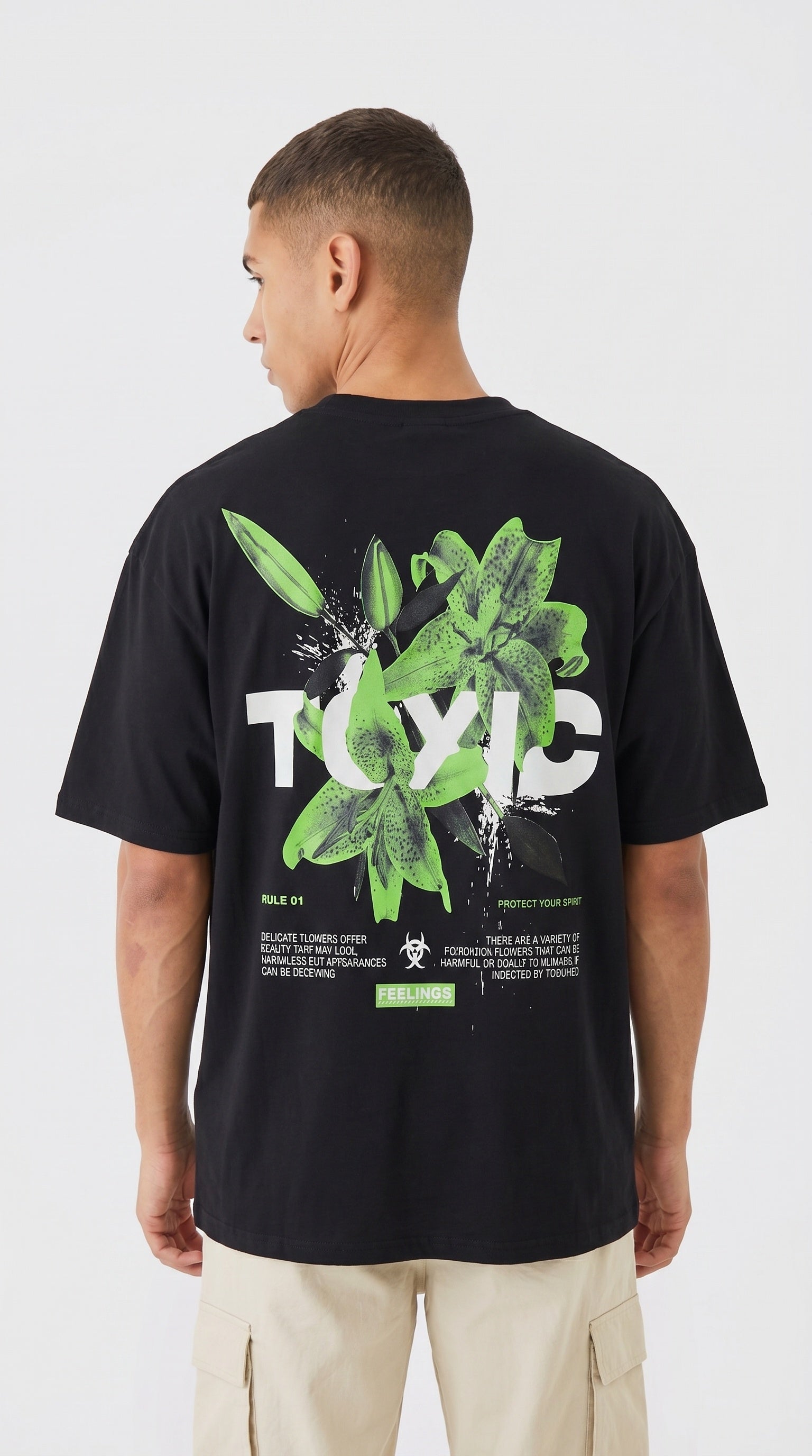 Erkek Siyah Toxic Oversize Fit Bol Geniş Kalıp Salaş Kesim T-shirt
