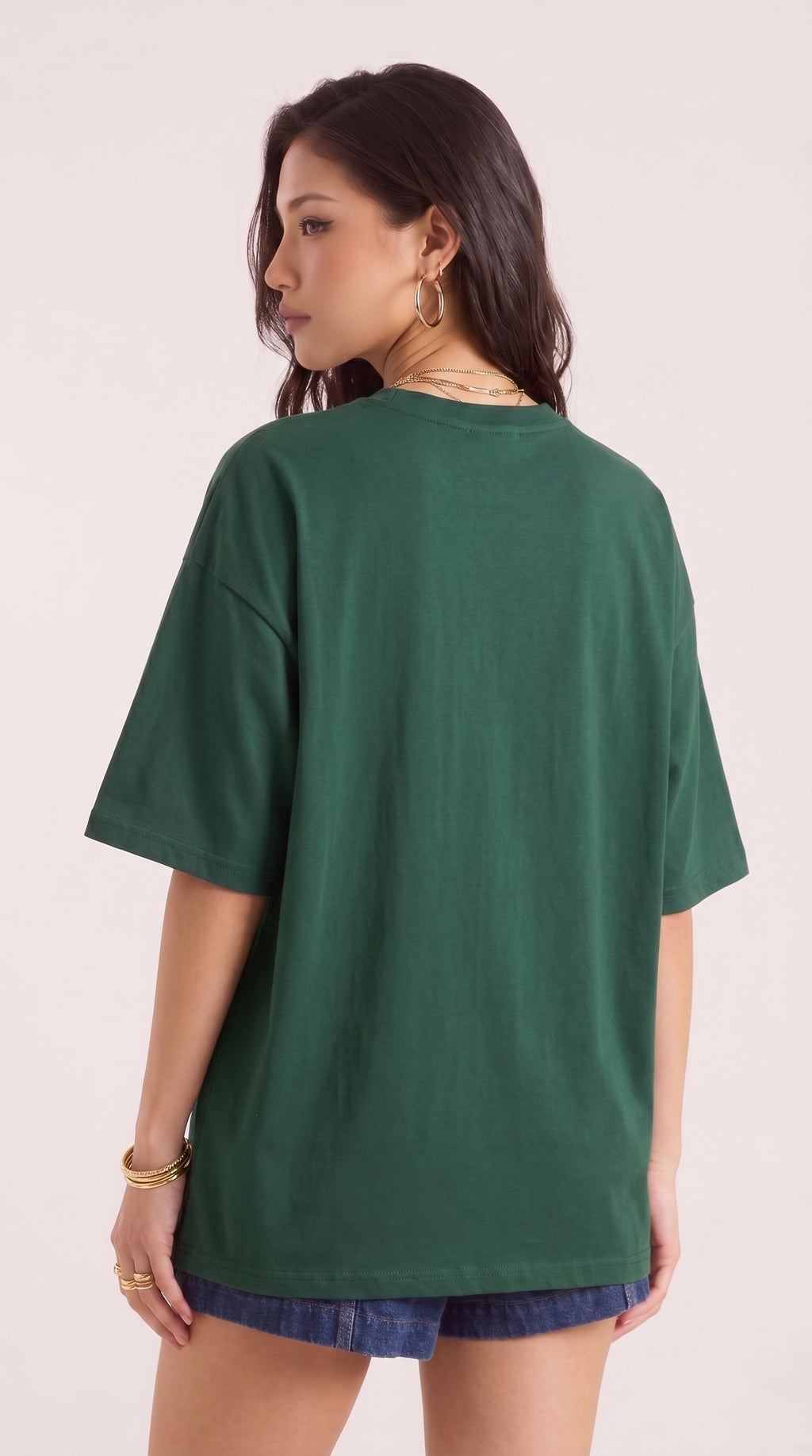 Kadın Petrol Yeşili Basic Düz Baskısız Oversize Salas T-Shirt