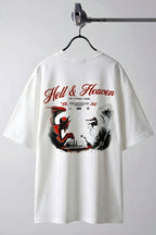 Erkek Ekru Beyaz Devil And Angel Oversize Fit Bol Geniş Kalıp Salaş Kesim T-shirt