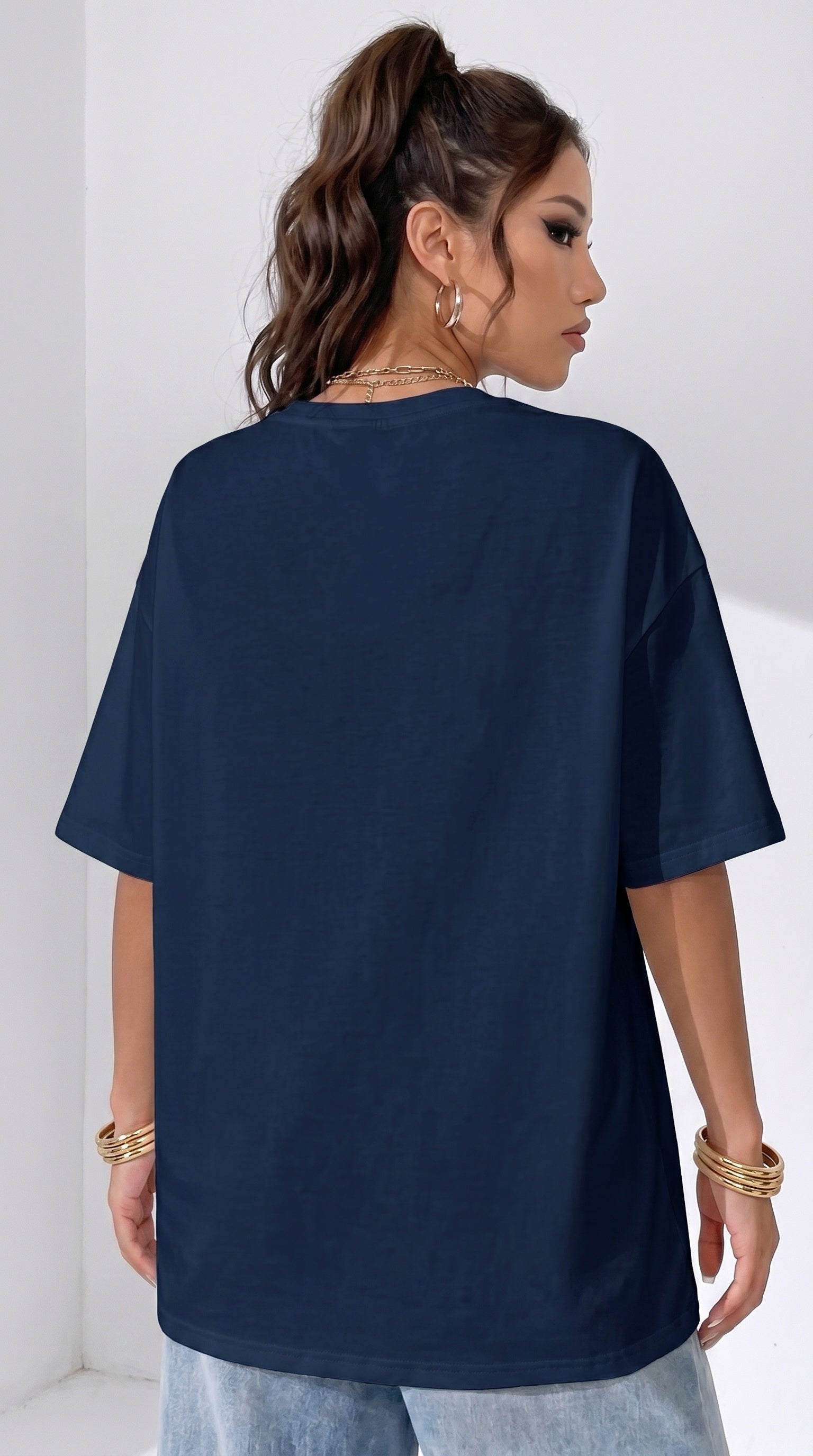 Kadın Lacivert Free Life Bisiklet Yaka Oversize Salas T-Shirt