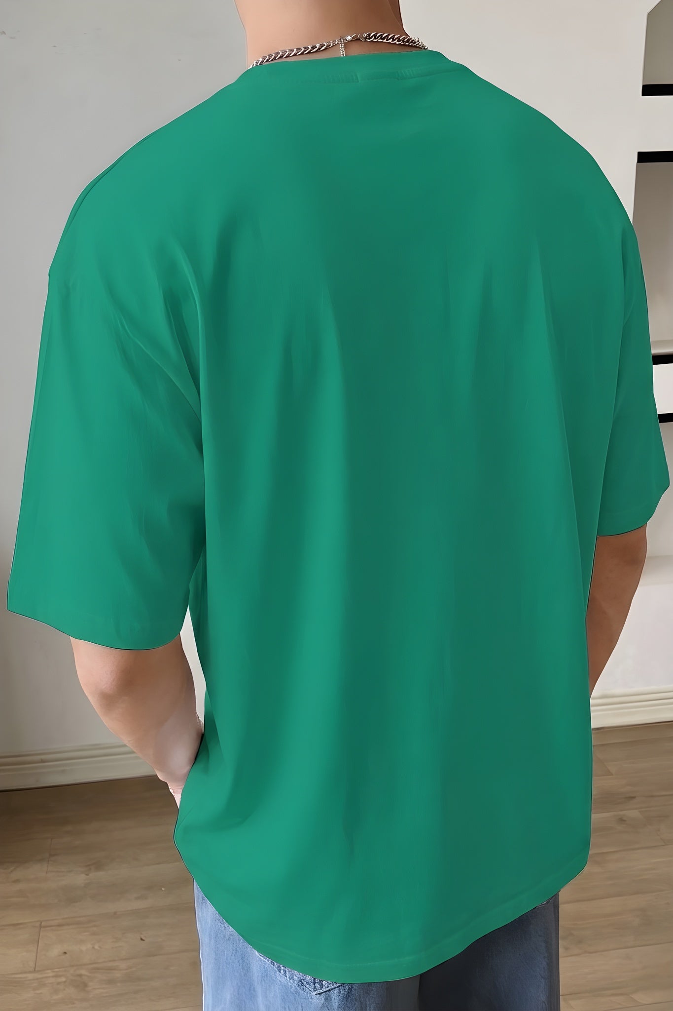 Erkek Yeşil Geyik Baskılı Oversize Fit Bol Geniş Kalıp Salaş Kesim T-shirt