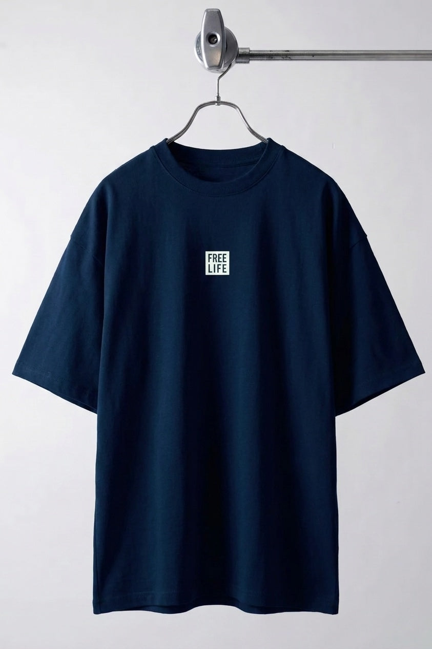 Erkek Lacivert Free Life Bisiklet Yaka Oversize Salas T-Shirt