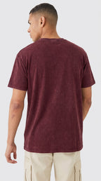 Erkek Bordo Regular Asit Yıkamalı Eskitme Efektli Boyalı T-Shirt