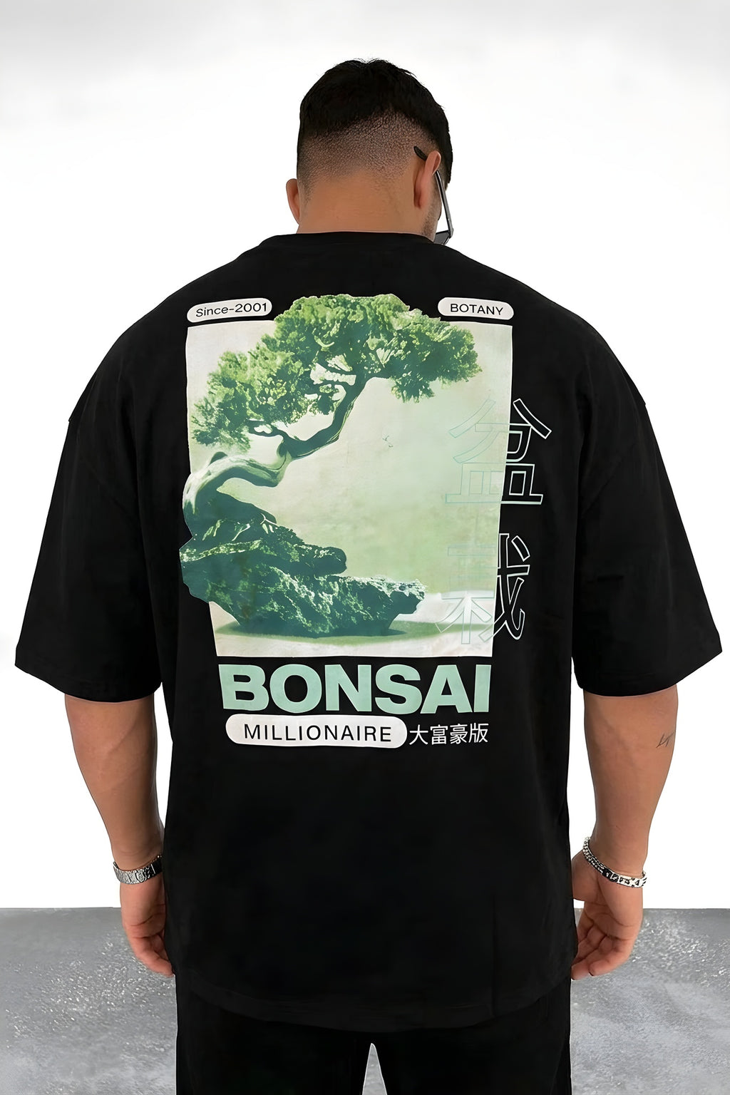Erkek Siyah Bonsai Oversize Fit Bol Geniş Kalıp Salaş Kesim T-shirt