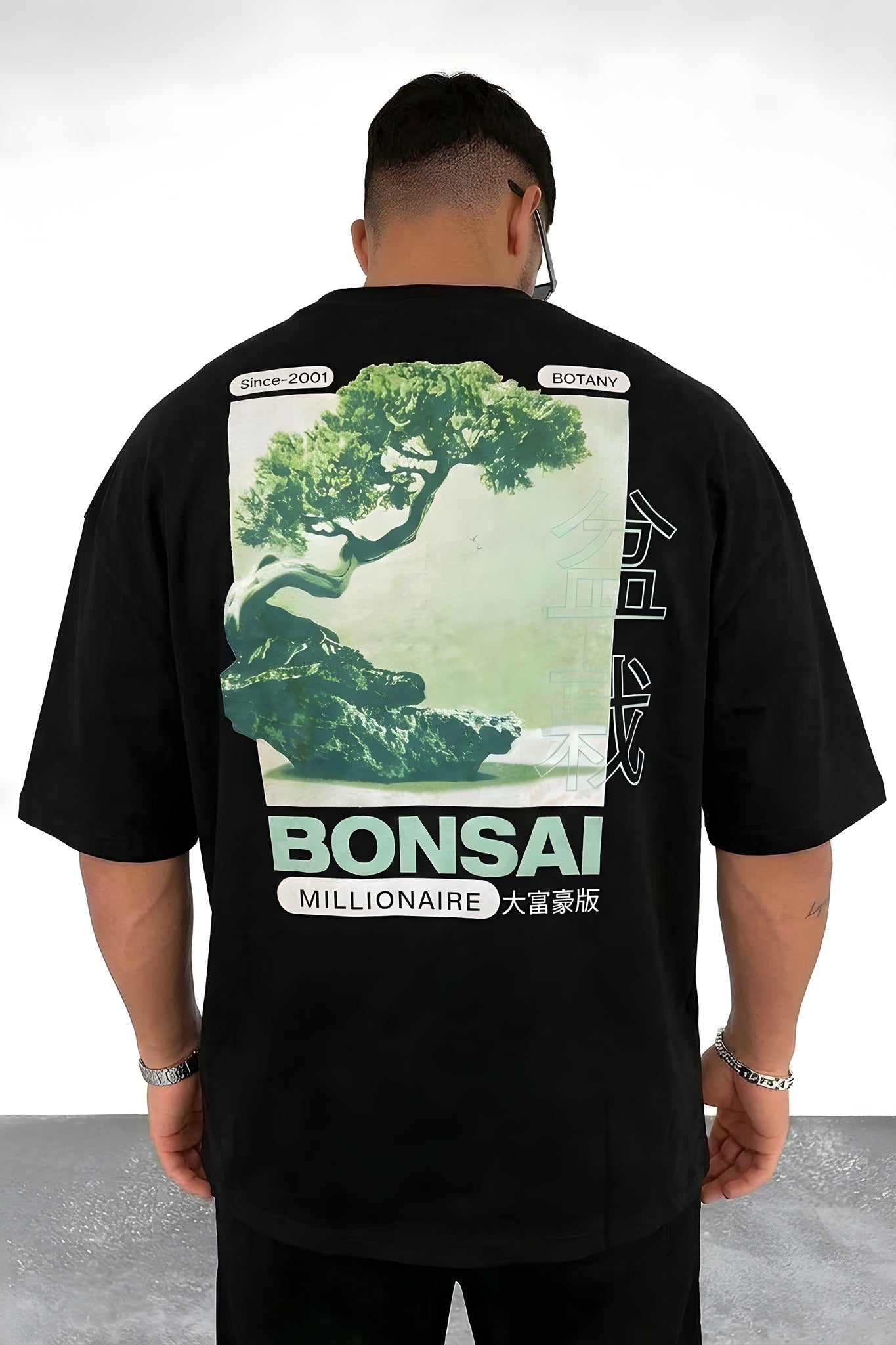 Erkek Siyah Bonsai Oversize Fit Bol Geniş Kalıp Salaş Kesim T-shirt