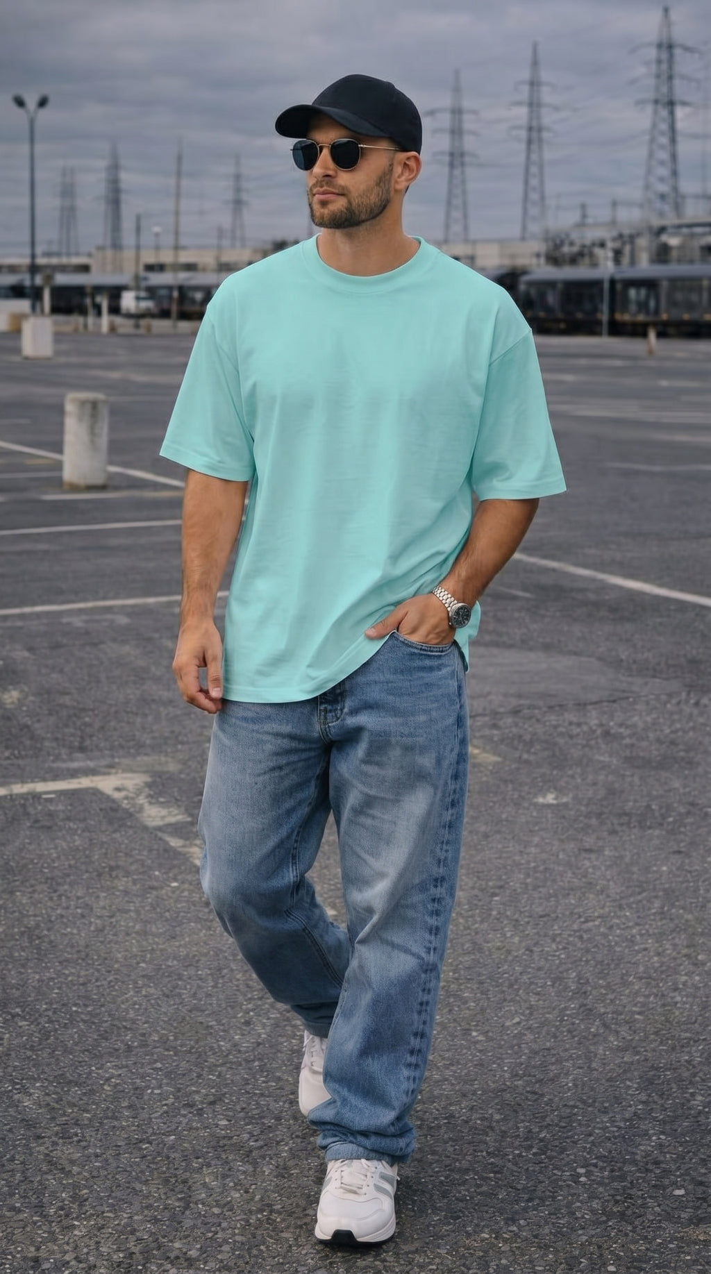 Erkek Turkuaz Basic Düz Baskısız Oversize Salas T-Shirt