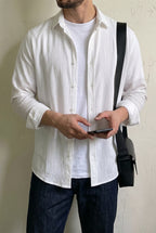 Denver Beyaz Renkli Ağaç Kabuğu Desenli Yarım Oversize Rahat Kalıp Gömlek