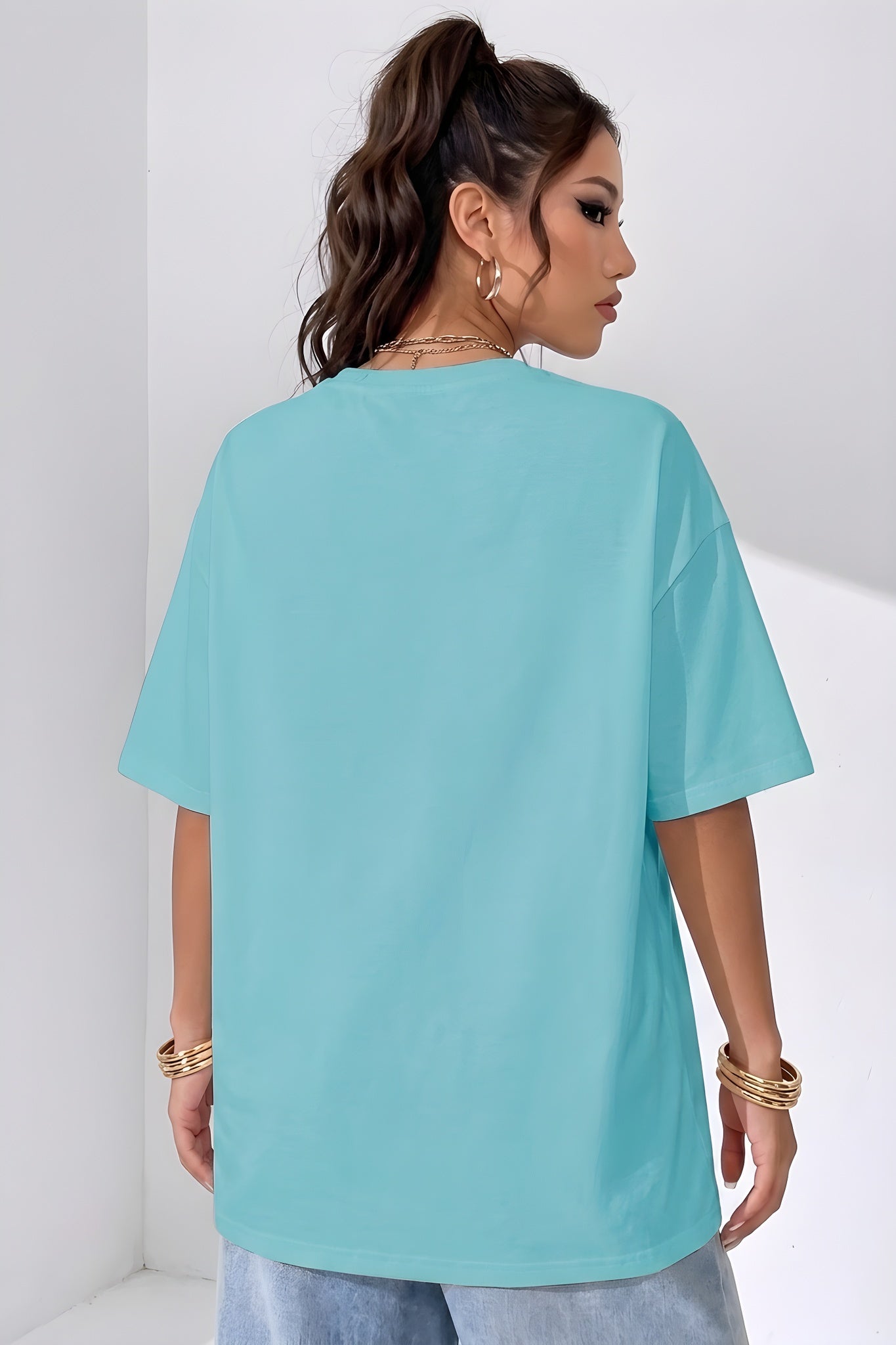 Kadın Mint Yeşili Basic Düz Baskısız Oversize Salas T-Shirt
