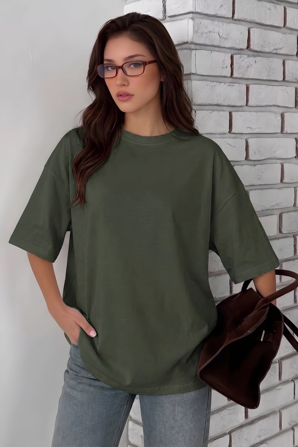 Haki Basic Düz Baskısız Oversize Salas Boyfriend Kadın T-Shirt