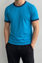 Erkek Mavi Renkli Tişört Bisiklet Yaka Kol Garnili Regular T-shirt
