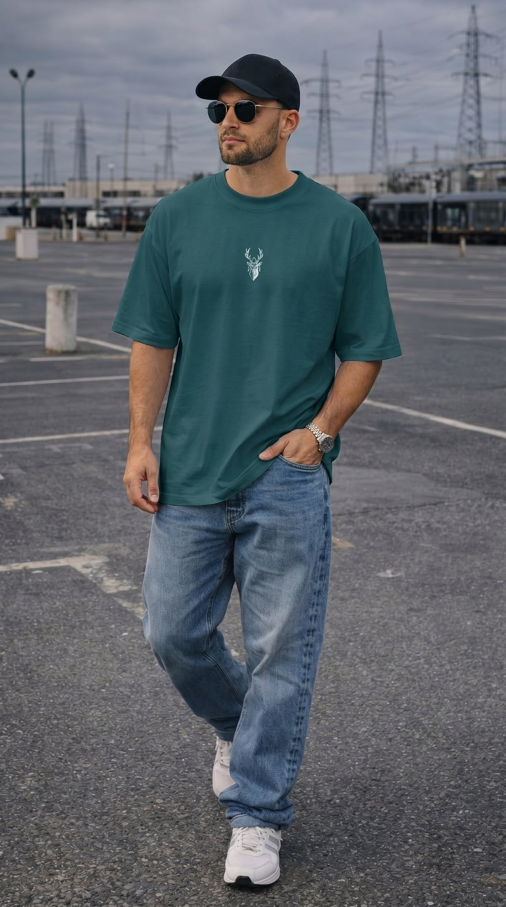 Erkek Petrol Yeşil Geyik Baskılı Oversize Fit Bol Geniş Kalıp Salaş Kesim T-shirt