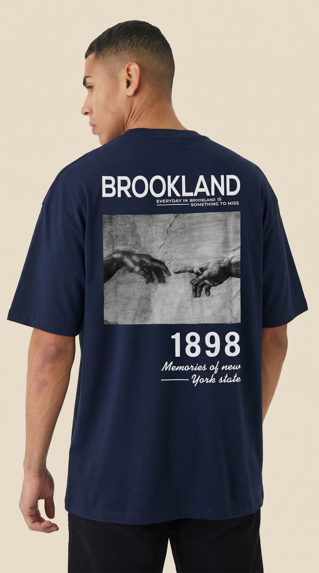 Erkek 1898 Baskılı Lacivert Oversize Salas T-shirt