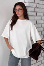 Beyaz Basic Düz Baskısız Oversize Salas Boyfriend Kadın T-Shirt
